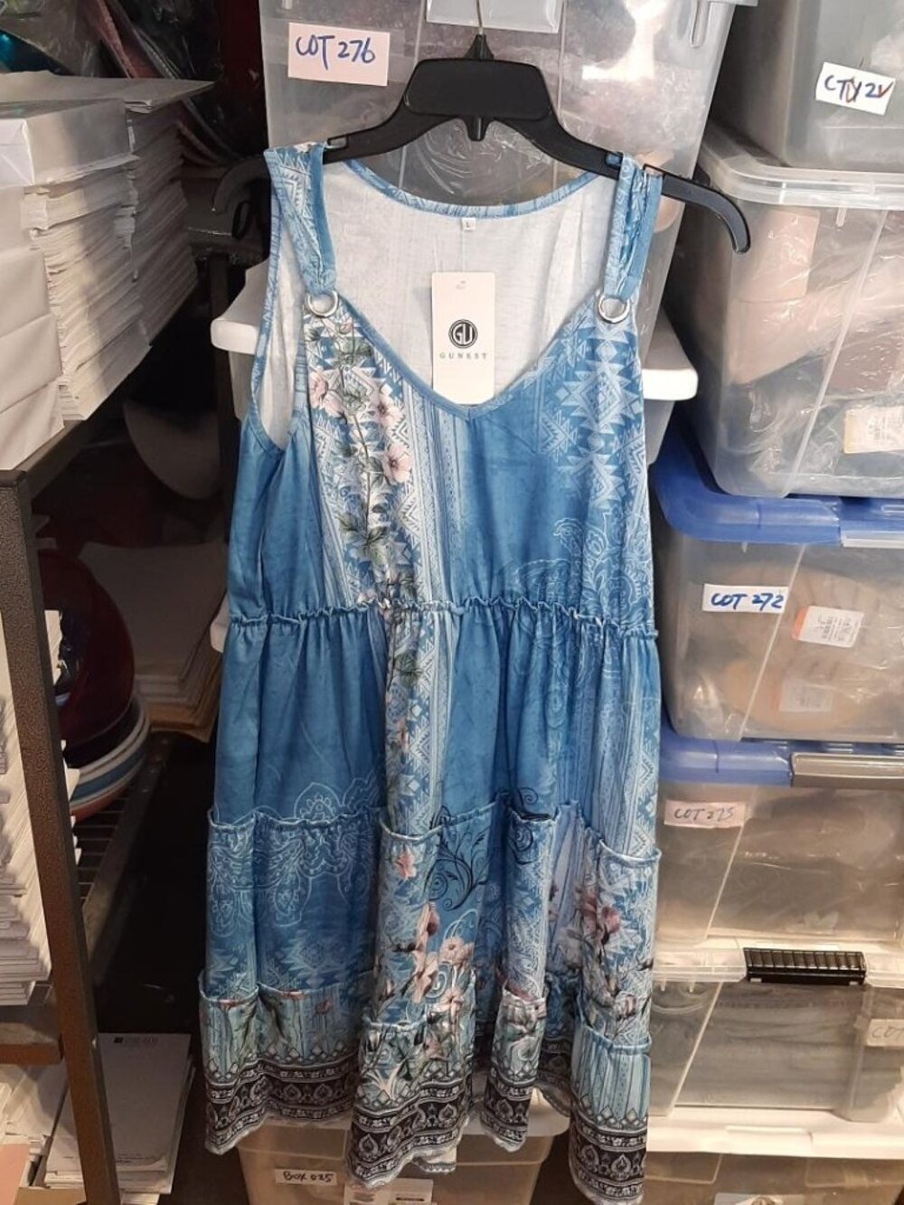 NEW TAG ! Gunest Women Summer Floral Print Dress Loose V Neck Sleeveless Size L